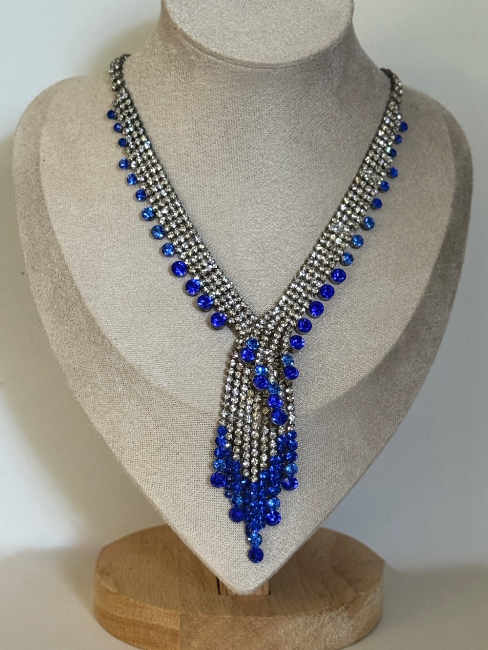 Blue Rhinestone Tiered Fringe Statement Necklace Cascading Waterfall Vintage